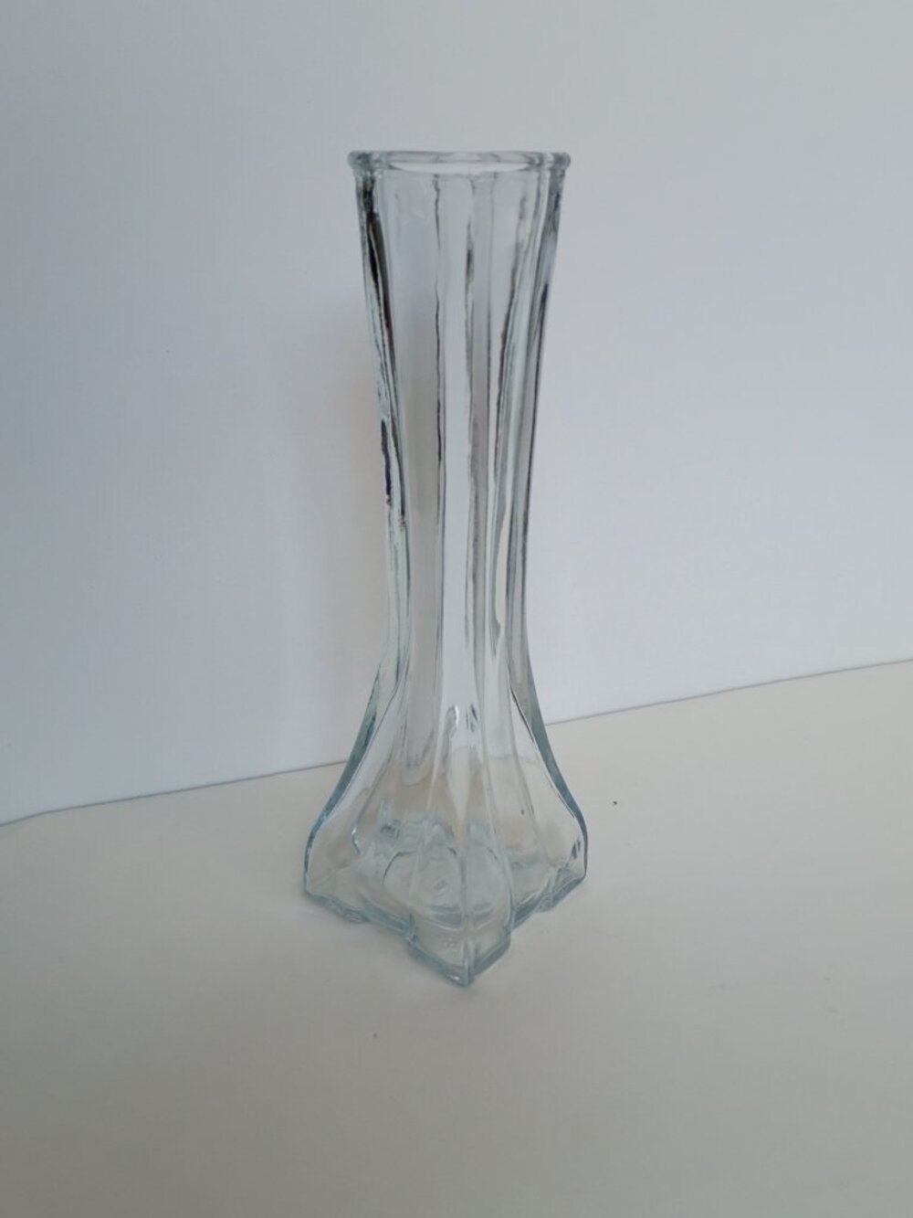 Vintage 1980s Clear Pressed Glass Bud Vase 8.5” Tall Square Base Europa Profile